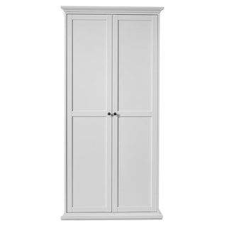 The CHOICEWARDROBE Paroya 96cm 2 Door Wooden Wardrobe in white, featuring shelving and a timeless paneled design, is perfect for minimalist bedroom storage and stands elegantly against a plain background.