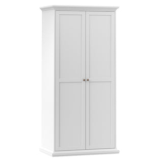 The CHOICEWARDROBE Paroya 96cm 2 Door Wooden Wardrobe in white has shelving, a timeless paneled design, and round wooden knobs—ideal minimalist storage for any bedroom.