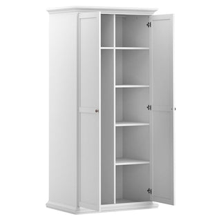 The CHOICEWARDROBE Paroya 96cm 2 Door Wooden Wardrobe in white features shelving, a timeless paneled design, and a minimalist look with clean lines—perfect for bedroom storage. One door opens to reveal six varied interior shelves.