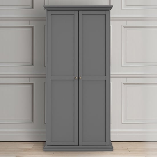 CHOICEWARDROBE Paroya 2 door wooden wardrobe in matt grey with brass handles - front view.