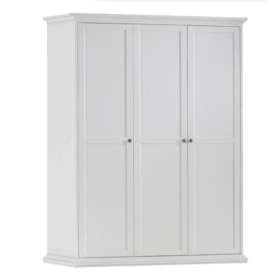 White wooden triple door wardrobe with panelled doors and metal handles