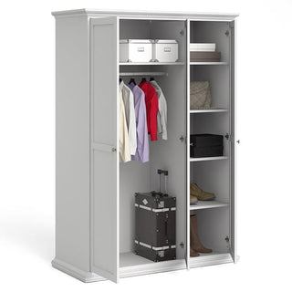 The CHOICEWARDROBE Paroya Wooden Triple Door Wardrobe (140cm, white) features an elegant panelled design with shelves and a hanging rail for organized bedroom storage of clothes, boxes, bags, shoes, and a suitcase.