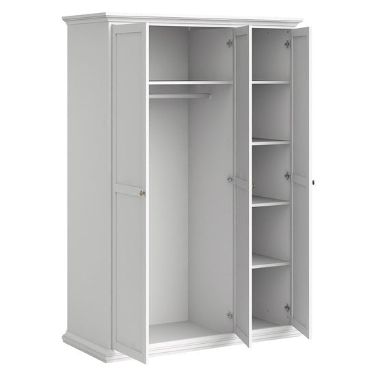 White triple door wardrobe with hanging rail on left and shelves on right