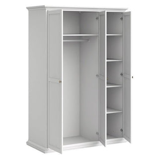 The CHOICEWARDROBE Paroya Triple Door 140cm Wardrobe in white features an elegant panelled design, a hanging rail and shelf on the left, four shelves on the right, and clean lines with no visible handles—ideal for bedroom storage.