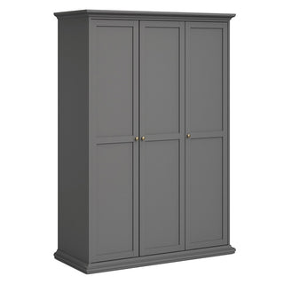 The CHOICEWARDROBE Paroya Wooden Wardrobe features 3 doors, a 150cm width, classic grey paneled detailing, brass knob handles, and a smooth finish for a timeless look.