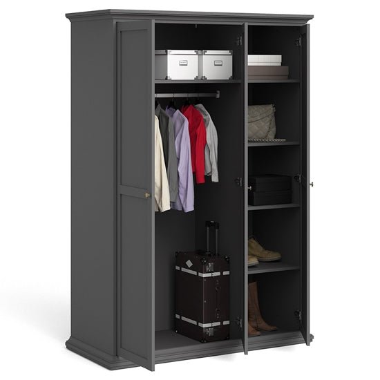 CHOICEWARDROBE 3-door grey wooden wardrobe with paneled detailing, open interior.