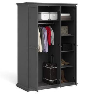 The CHOICEWARDROBE Paroya Wooden Wardrobe, 3 doors and 150cm wide in a classic grey finish with brass knob handles, is shown open with hanging clothes, storage boxes above, folded garments, a suitcase below, and shelves for shoes and essentials.