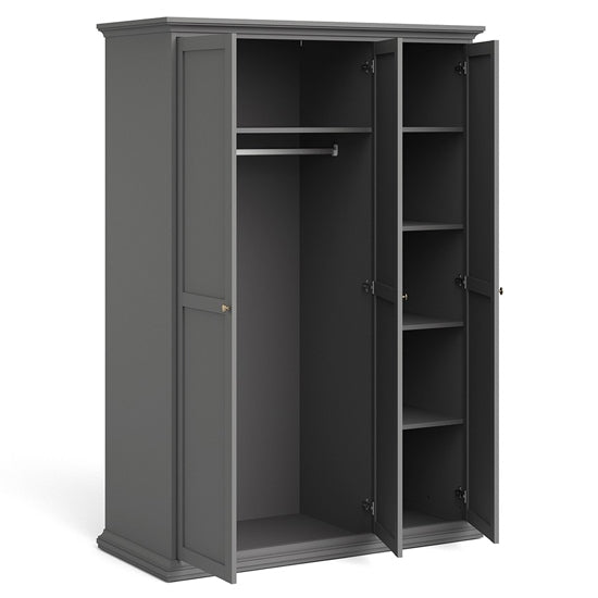 CHOICEWARDROBE Paroya 3 door wooden wardrobe in classic grey with paneled doors and brass knobs, shown open to reveal hanging rail and shelves.