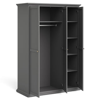 The CHOICEWARDROBE Paroya Wooden Wardrobe has 3 doors in a classic grey finish with paneled detailing and brass knob handles. Left and center doors open to a hanging rod and space; the right door opens to five shelves—all doors are open.