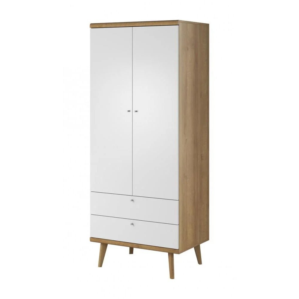 CHOICEWARDROBE Pasco 2 Door Wardrobe in Matt White and Oak Effect with two drawers – modern Scandinavian-inspired front view.