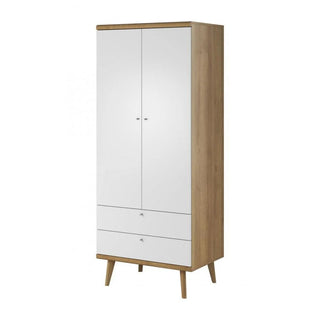 ChoiceWardrobe Pasco 2 Door Wooden Wardrobe in Matt White and Oak – front view with Scandinavian design and 2 lower drawers