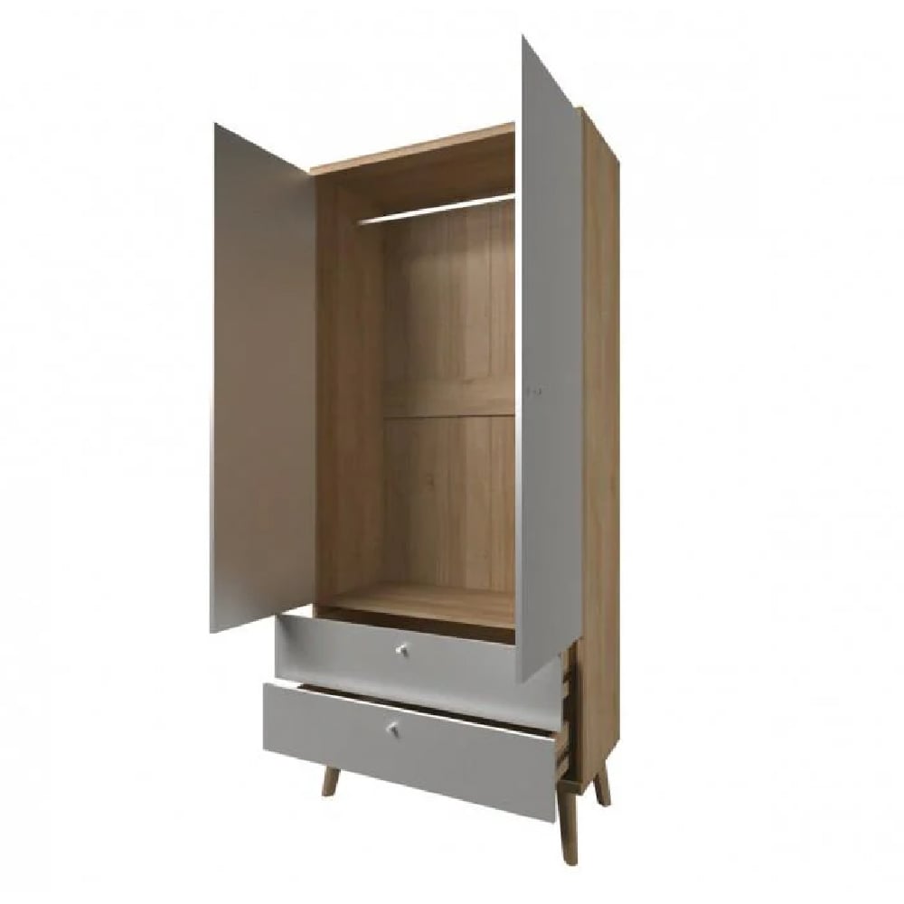 Pasco two door wardrobe interior view: white oak finish, hanging rail, shelf, and two drawers visible.