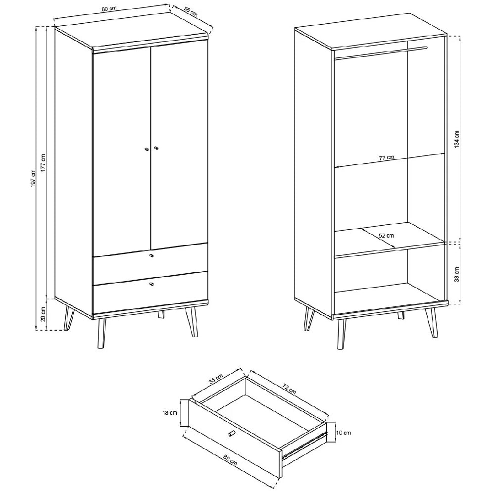 Technical drawing of CHOICEWARDROBE Pasco 2 Door Wardrobe showing dimensions: 197cm H x 80cm W x 56cm D, with internal drawer dimensions.