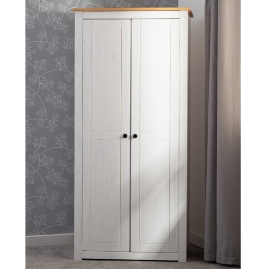 CHOICEWARDROBE Pavia white 2-door wardrobe with natural waxed pine top.