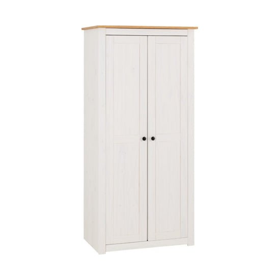 White two-door wardrobe with natural wax pine top and black round handles | CHOICEWARDROBE Pavia