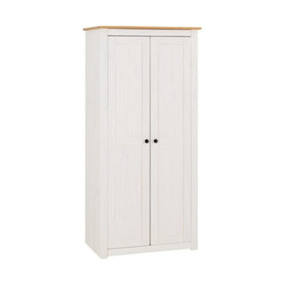 The CHOICEWARDROBE Pavia White & Natural Wax 2 Door Wardrobe features a rustic pine build, black round handles, light wood top, and a country charm, combining modern simplicity with timeless style.