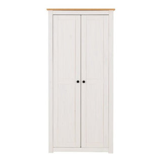The CHOICEWARDROBE Pavia White & Natural Wax 2 Door Wardrobe features a tall, rustic pine design with two paneled doors, black round knobs, a light wood top, and simple country charm.