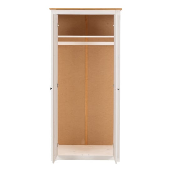 CHOICEWARDROBE Pavia 2 door wardrobe, white and natural wax finish, open interior with hanging rail.