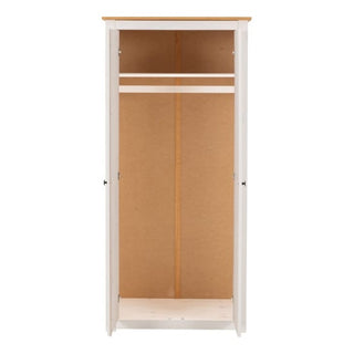 The CHOICEWARDROBE Pavia White & Natural Wax 2 Door Wardrobe stands open, showing an empty interior with a wooden back panel and two horizontal hanging rails near the top, highlighting its rustic pine build and country charm.