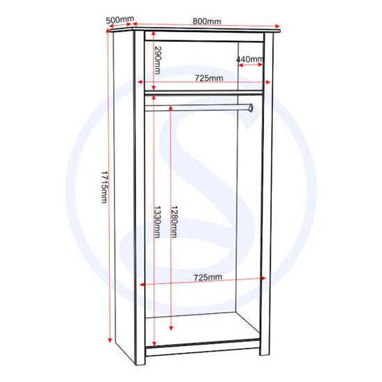 CHOICEWARDROBE Pavia 2-door white & natural wax pine wardrobe dimensions diagram
