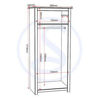 Line drawing of the CHOICEWARDROBE Pavia White & Natural Wax 2 Door Wardrobe—classic rustic pine style, open front, labelled 1715mm high, 800mm wide, 500mm deep with measurements for hanging rail and internal sections. No visible doors.