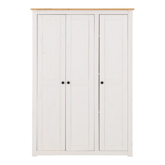 CHOICEWARDROBE Pavia white 3 door pine wardrobe with natural wax pine top.