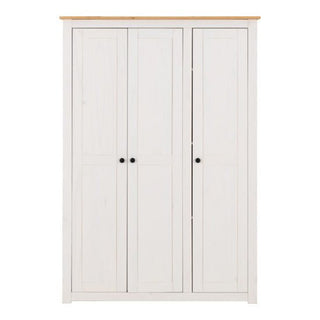 The CHOICEWARDROBE Pavia White & Natural Wax 3 Door Wardrobe is a spacious pine wardrobe featuring a rustic country finish, perfect for practical bedroom storage with its stylish design.