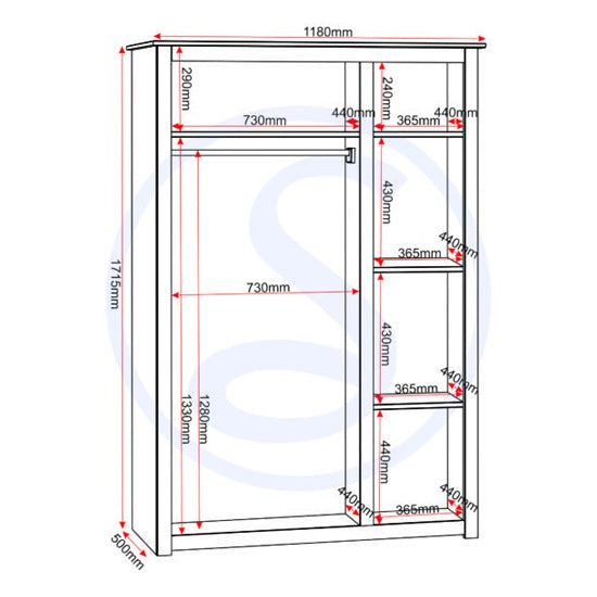 Diagram of CHOICEWARDROBE Pavia 3 door wardrobe with dimensions in mm: W118cm x D50cm x H171.5cm, internal measurements shown.