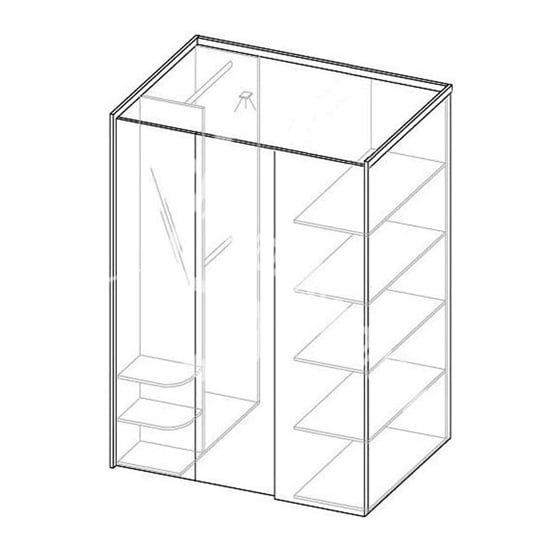 Line drawing of CHOICEWARDROBE corner wardrobe, grey & white, with shelves right, hanging rail left