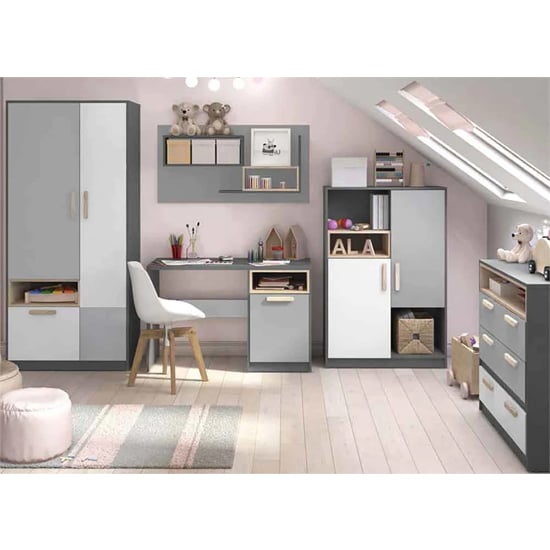 Two-tone grey and white two-door wardrobe with shelves, part of a child's room setup.