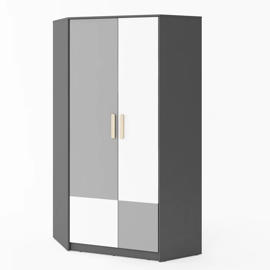 CHOICEWARDROBE corner wardrobe with two doors in grey and white finish with wooden handles.