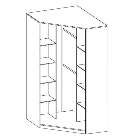 CHOICEWARDROBE corner wardrobe line drawing with 2 doors, internal shelves and hanging rails.