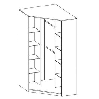 Line drawing of the CHOICEWARDROBE Pearl Kids Corner Wardrobe, featuring a space-saving two-tone grey & white finish, 2 doors with wooden handles, multiple shelves on both sides, and two center hanging rods. Angular design fits neatly into corners.