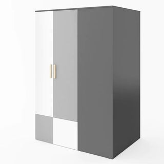 The CHOICEWARDROBE Pearl Kids Grey & White Wooden Wardrobe features a modern two-tone design with geometric patterns, beige handles, two doors, shelves, and a hanging rail—ideal storage for children’s rooms with solid dark gray sides and top.