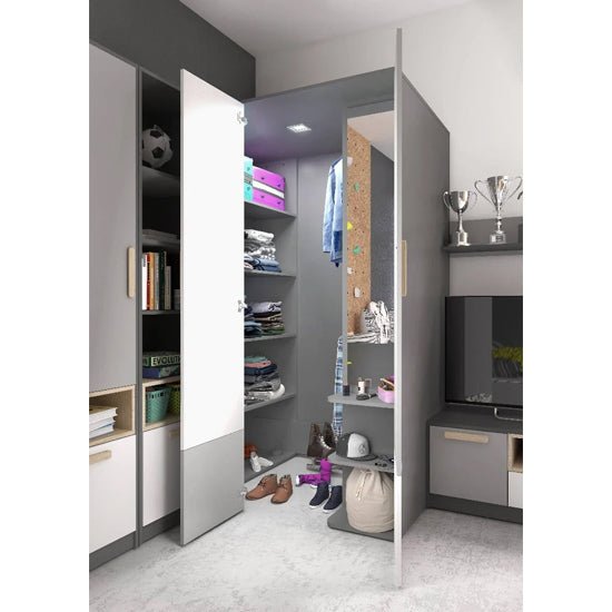 CHOICEWARDROBE Pearl Kids grey & white wardrobe with open doors showing shelves and hanging rail.