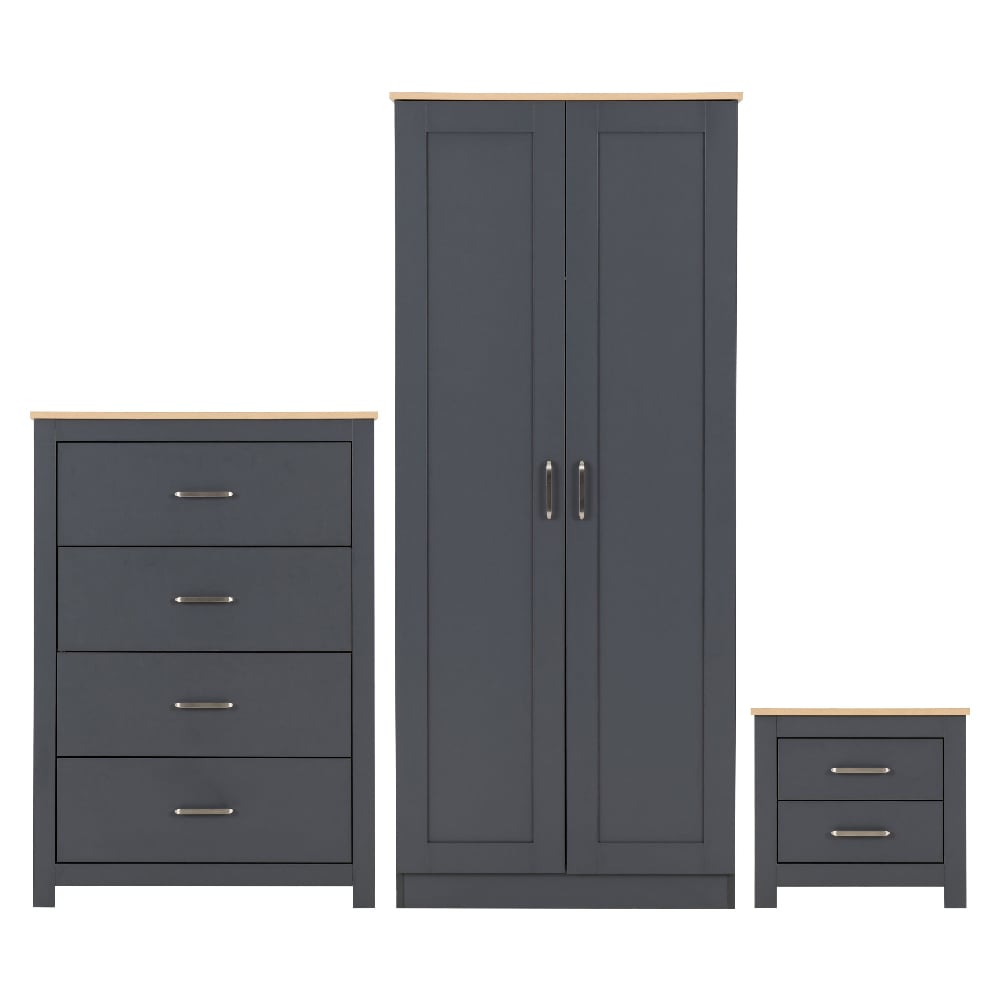 CHOICEWARDROBE Penley grey and oak-effect 2-door wardrobe, chest of drawers, and bedside table set