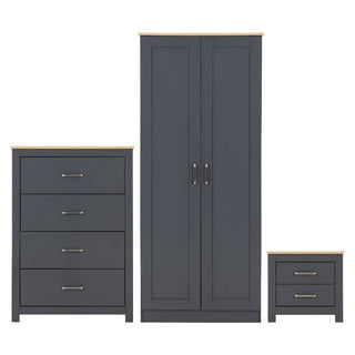 The CHOICEWARDROBE Penley 3 Piece Bedroom Set includes a modern grey and oak wardrobe, chest of drawers, and bedside table, all with light wood tops and sleek metal handles for a Scandinavian-inspired look.