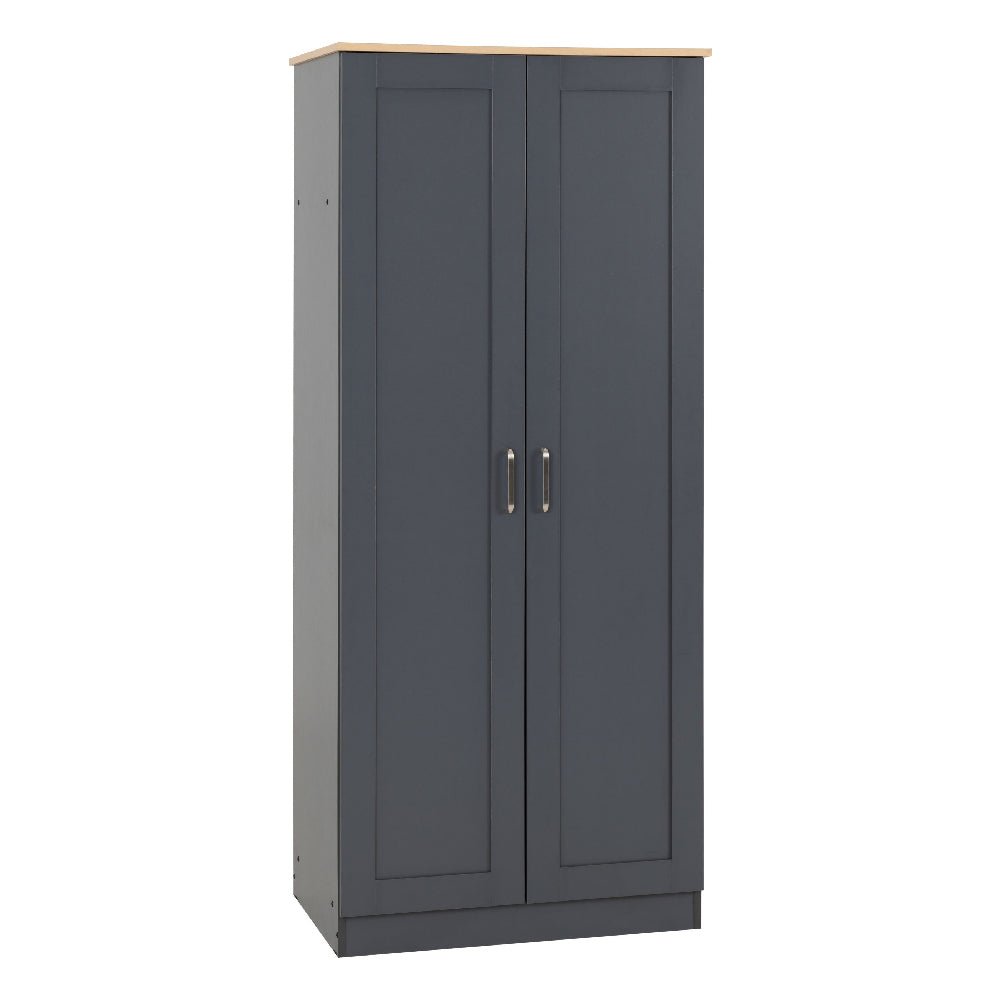 Grey two-door wardrobe with oak-effect top and silver handles.