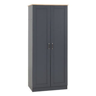 The CHOICEWARDROBE Penley 3 Piece Bedroom Set features a modern grey & oak wardrobe with two doors, rectangular panels, silver handles, and a light wood top. Perfect for Scandinavian bedrooms; shown against a plain white background.