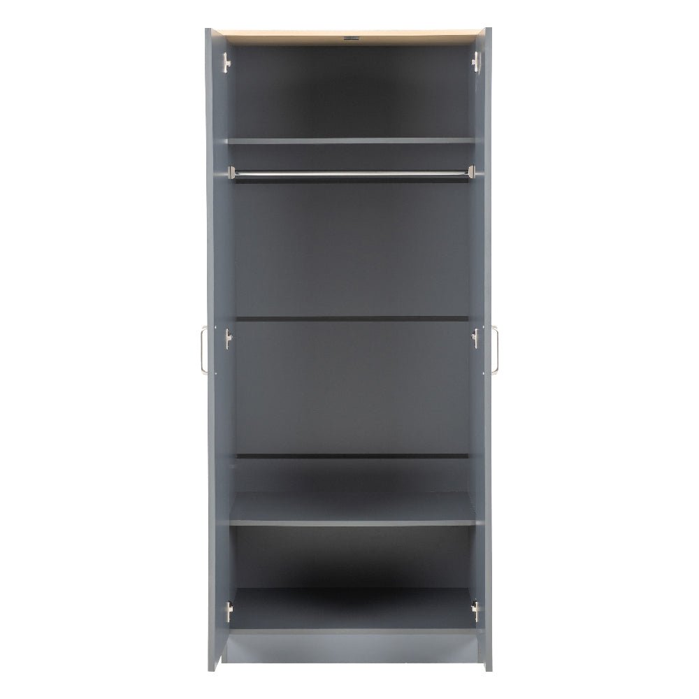 CHOICEWARDROBE Penley grey two-door wardrobe interior with hanging rail and shelves.