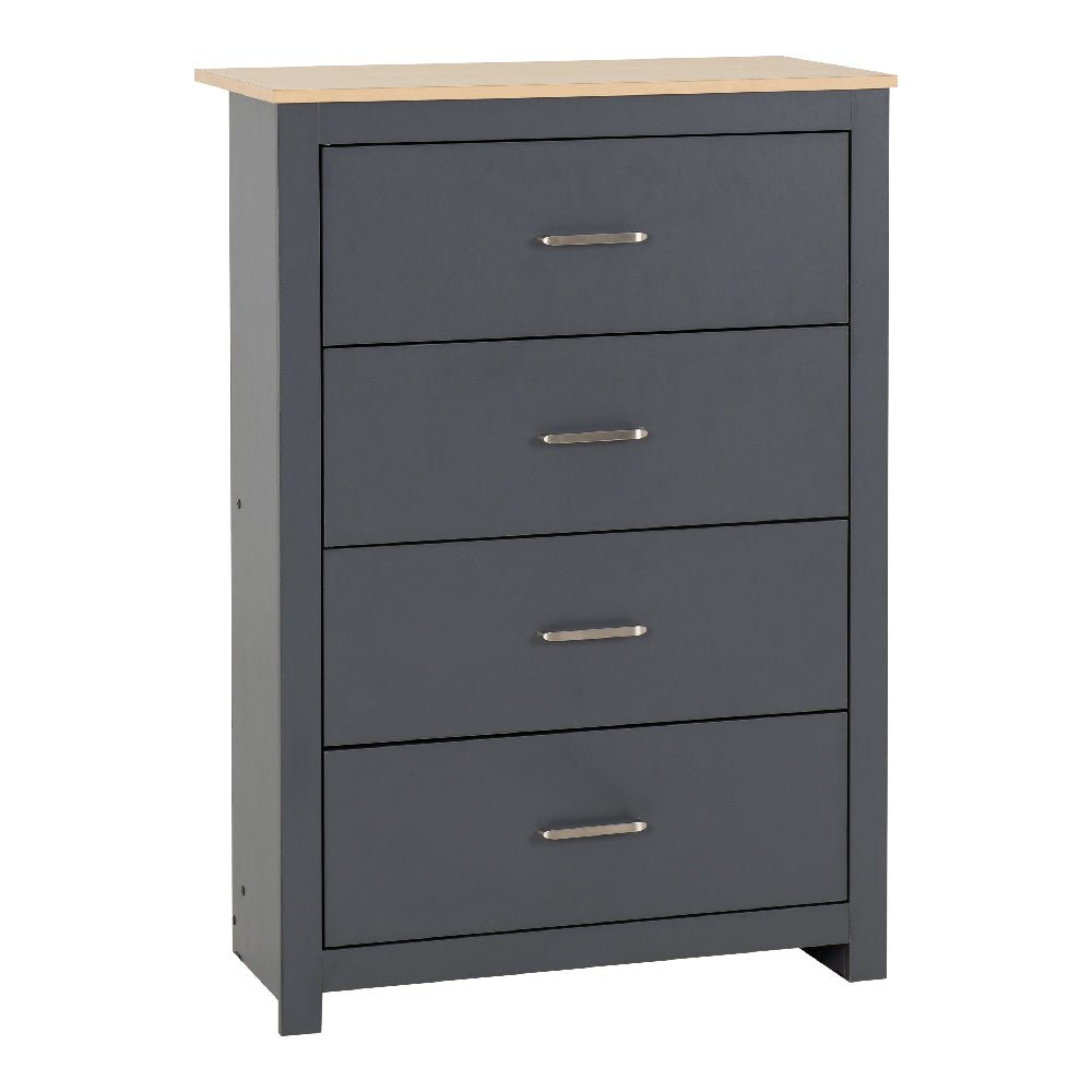 Grey and oak-effect chest of drawers with silver handles, part of the Penley collection
