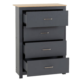 The CHOICEWARDROBE Penley 3 Piece Bedroom Set features a modern grey & oak chest of drawers with four metal-handled drawers, part of a stylish collection that includes a wardrobe and bedside table.