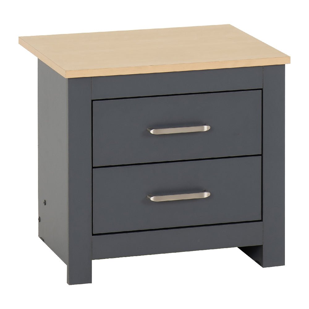 Grey bedside table with oak-effect top and two drawers, featuring silver handles.