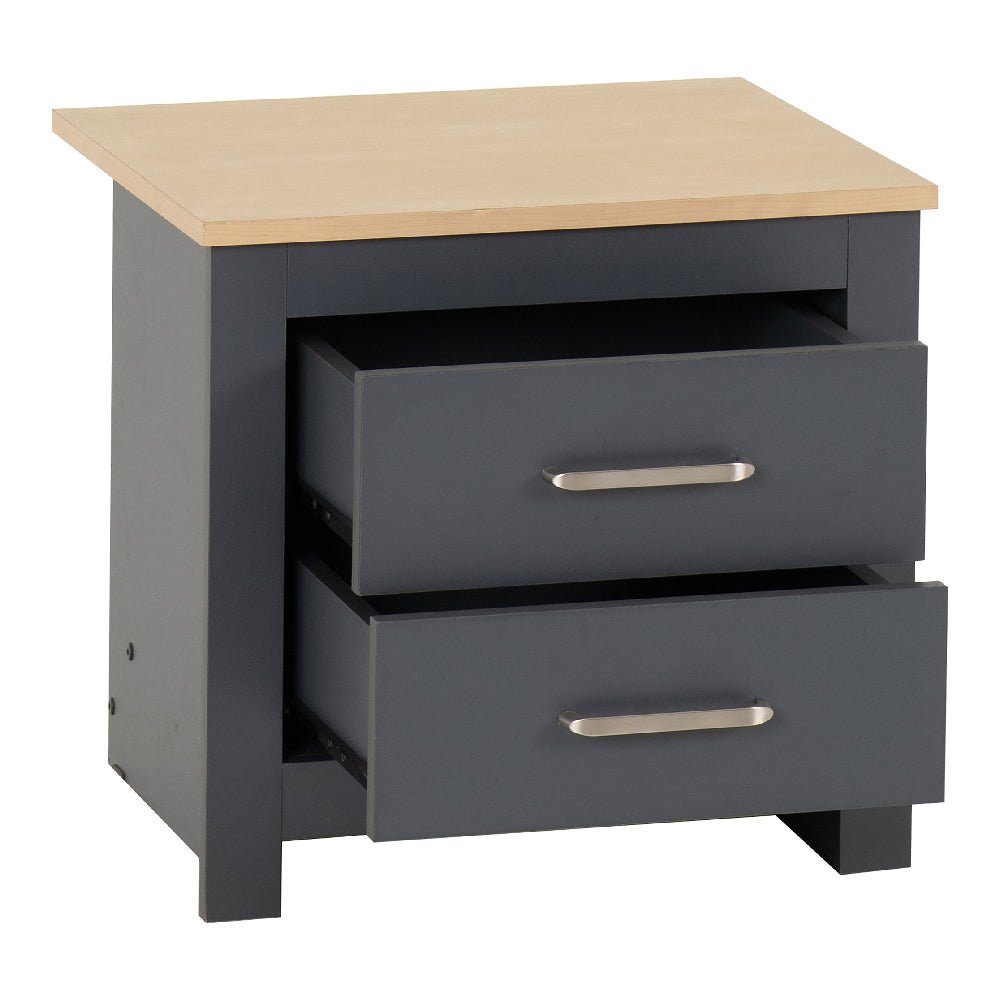 Grey two-drawer bedside table with oak-effect top and silver handles