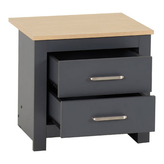 The CHOICEWARDROBE Penley 3 Piece Bedroom Set features a grey and oak bedside table with two silver-handled drawers, ideal for modern or Scandinavian bedrooms. Shown here with its light wood top and dark gray frame against a white background.