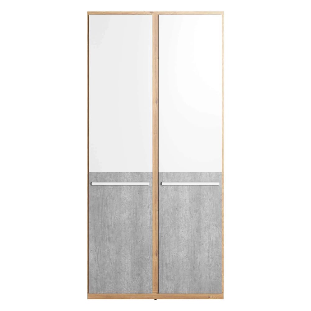 CHOICEWARDROBE Peoria 2-door wardrobe with oak frame, white and concrete finish, and horizontal handles.
