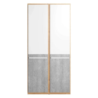 The CHOICEWARDROBE Peoria 2 Door Wardrobe features a modern white and concrete finish with an oak frame, offering stylish bedroom storage in a sleek cupboard design.