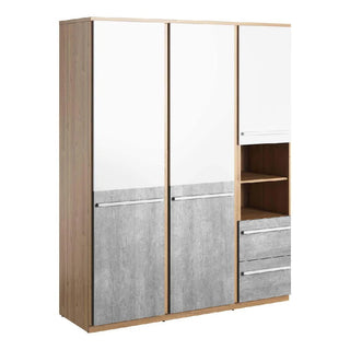The CHOICEWARDROBE Peoria 3 Door Wardrobe features a modern oak frame, white and concrete doors, an open shelf, and 2 drawers for storage.
