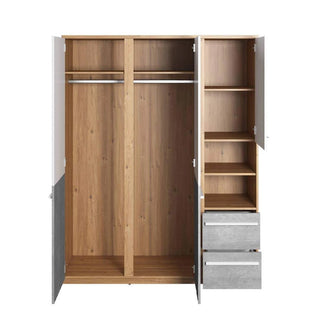 The CHOICEWARDROBE Peoria 3 Door Wardrobe features a white and concrete finish with an oak frame, two drawers, open shelf storage, and a spacious interior behind three doors.