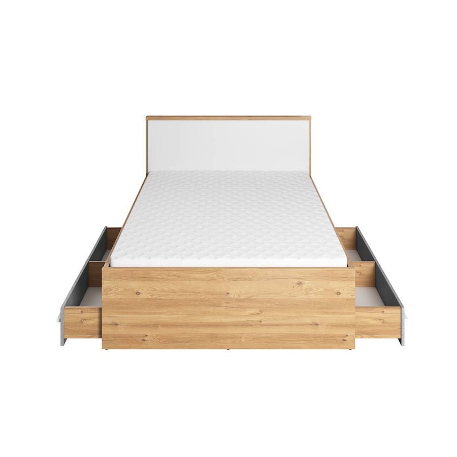 Sonoma Oak and white small double bed frame with mattress and visible storage drawers.